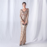 Women colorful sequined long-sleeved evening dress