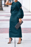 Women Autumn Solid Single Sleeve Hollow Slit Dress