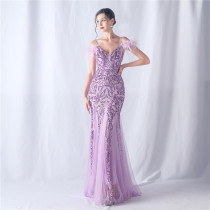 Women ostrich feather mesh floral sequin wedding evening dress Women ostrich feather mesh floral sequin wedding evening dress