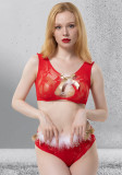 Christmas Women Feather Bow Red Sexy Lingerie Set