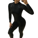 Women Fall Women Clothing Solid PU-Leather Pleated Snake Print Long Sleeve Bodycon Jumpsuit