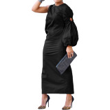 Women Autumn Solid Single Sleeve Hollow Slit Dress