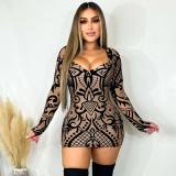 Women Brown Printed Long Sleeve Bodycon Dress