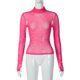 Autumn Women's Sexy Mesh See-Through Thin Half Turtleneck Long-Sleeved Basic Shirt Top