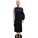 Women Autumn Solid Single Sleeve Hollow Slit Dress