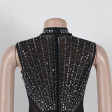 Women Sexy Beaded See-Through Bodycon Stretch Sleeveless Jumpsuit