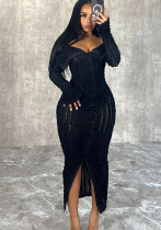 Fashionable And Elegant Off Shoulder Sexy Wave Pattern Long-Sleeved Dress