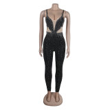 Women Beaded Stretch Suspender Bodycon Jumpsuit