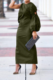 Women Autumn Solid Single Sleeve Hollow Slit Dress
