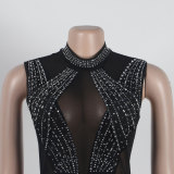 Women Sexy Beaded See-Through Bodycon Stretch Sleeveless Jumpsuit