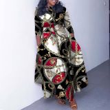 Women's Autumn Plus Size Fashion Print Chic Elegant Belted Slim Waist Swing Dress