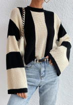 Spring And Autumn Trendy Knitting Sweater Top Round Neck Striped Sweater Jacket For Women