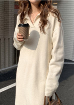 Women's Autumn And Winter Turndown Collar Loose Maxi Knitting Shirt Dress