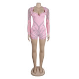 Women Sexy Beaded Stretch Long Sleeve Jumpsuit