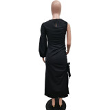 Women Autumn Solid Single Sleeve Hollow Slit Dress