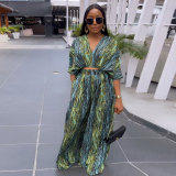 Printed Contrasting V-Neck Wide-Leg Two-Piece Pants Set