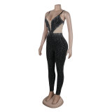 Women Beaded Stretch Suspender Bodycon Jumpsuit