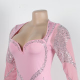 Women Sexy Beaded Stretch Long Sleeve Jumpsuit