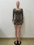 Women Brown Printed Long Sleeve Bodycon Dress
