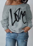 Love Letter Printed Long Sleeve T-Shirt Sexy Off-Shoulder Women's Top
