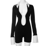 Women's Autumn Fashion Contrast Color Turndown Collar Tight Fitting One-Piece Casual Short Jumpsuit