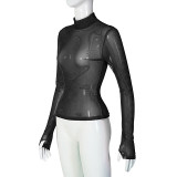 Autumn Women's Sexy Mesh See-Through Thin Half Turtleneck Long-Sleeved Basic Shirt Top