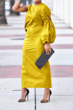 Women Autumn Solid Single Sleeve Hollow Slit Dress
