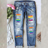 Stylish Printed Ripped Mid-Rise Straight Women's Denim Pants