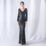 Women colorful sequined long-sleeved evening dress