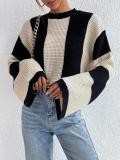 Spring And Autumn Trendy Knitting Sweater Top Round Neck Striped Sweater Jacket For Women