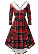 Autumn And Winter Women's Red Plaid Plush V-Neck Belted Christmas Dress
