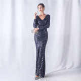 Women colorful sequined long-sleeved evening dress