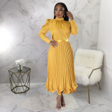 Women's Winter Puff Sleeve Top Ruffled Pleated Skirt Two-Piece Suit