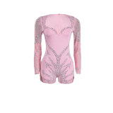 Women Sexy Beaded Stretch Long Sleeve Jumpsuit