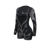 Women Sexy Beaded Stretch Long Sleeve Jumpsuit