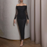 Autumn Sexy Chic Style Strapless Off Shoulder Long Sleeve Mesh Long Dress