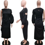 Women Autumn Solid Single Sleeve Hollow Slit Dress