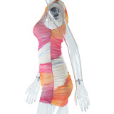 Fashion Printed Round Neck Sleeveless Mesh Patchwork Bodycon Casual Trendy Women's Dress