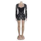 Women Sexy Beaded Stretch Long Sleeve Jumpsuit