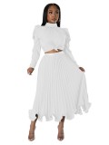 Women's Winter Puff Sleeve Top Ruffled Pleated Skirt Two-Piece Suit