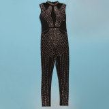 Women Sexy Beaded See-Through Bodycon Stretch Sleeveless Jumpsuit