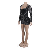 Women Sexy Beaded Stretch Long Sleeve Jumpsuit