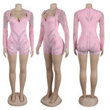 Women Sexy Beaded Stretch Long Sleeve Jumpsuit