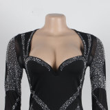 Women Sexy Beaded Stretch Long Sleeve Jumpsuit