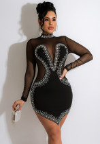 Summer Women's Beaded Mesh See-Through Long Sleeve Irregular Dress Summer Women's Beaded Mesh See-Through Long Sleeve Irregular Dress