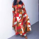 Women's Autumn Plus Size Fashion Print Chic Elegant Belted Slim Waist Swing Dress