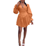 Women V-Neck Ruffle Sleeve Elegant Pleated Dress