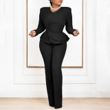 Autumn And Winter Fashion Ol Ruffled V-Neck Top And Pants Two-Piece Set