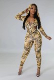 Women Autumn and Winter Leopard Backless Hooded Jumpsuit