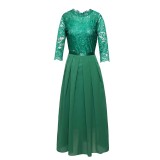 Women Patchwork Chiffon Round Neck Lace Evening Gown